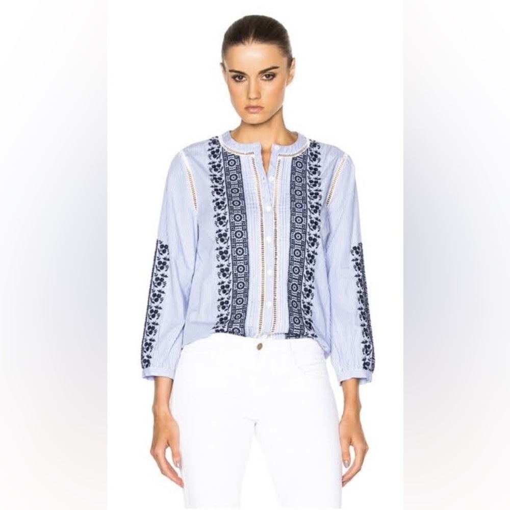 Veronica Beard Blouse “Claire” Striped With Embroidery in Blue White Size 0.